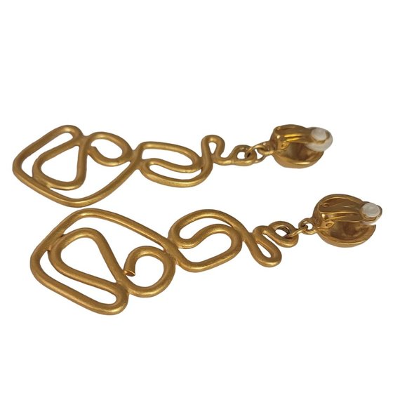 Unsigned Anne Klein Matte Gold Tone Modernist Snake Dangle Clip-On Earrings E59 - Picture 3 of 8